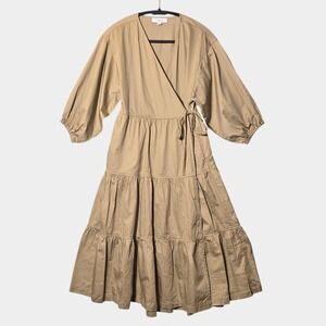 Sweet Baby Jamie Tiered Wrap Midi Dress Balloon Sleeve Taupe S Casual Minimalist